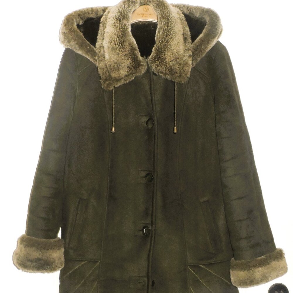 Vintage Women's Faux Fur Trim Shearling Coat - Size M - Picture 1 of 16